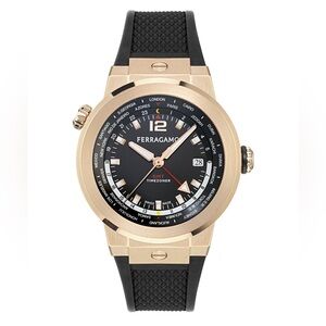 FERRAGAMO Men’s 43 mm F-80 Rose Gold GMT Worldtime Silicone‎ Watch, Retail $1350